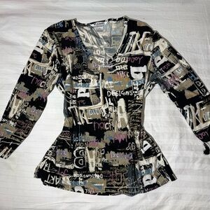 Abstract Print Long Sleeve Top - Black and Cream